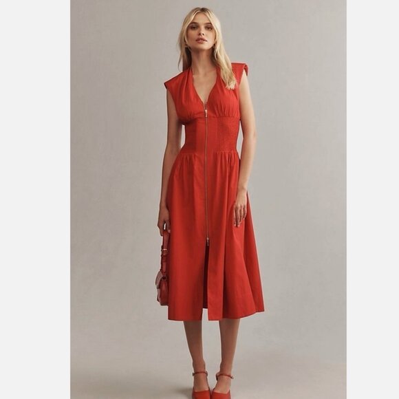 Anthropologie Dresses & Skirts - Anthropologie The Tommie Zip-Front Midi Shirt Dress L NWT Red Orange Large